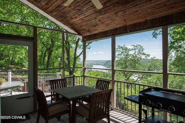 78 Trillium Ln, Danville, PA 17821 - sunroom / solarium featuring outdoor dining space, a water view, ceiling fan, lofted ceiling, and plenty of natural light
