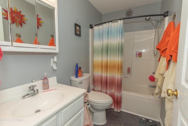 bathroom featuring tile patterned flooring, vanity, toilet, and shower / bath combination with curtain