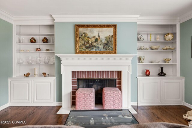 304 Hardscrabble Ln, Lewisburg, PA 17837 - detailed view of wood finished floors, crown molding, built in features, baseboards, and a fireplace