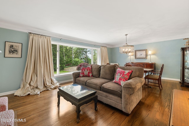 304 Hardscrabble Ln, Lewisburg, PA 17837 - living room featuring a chandelier, ornamental molding, baseboards, and dark wood finished floors