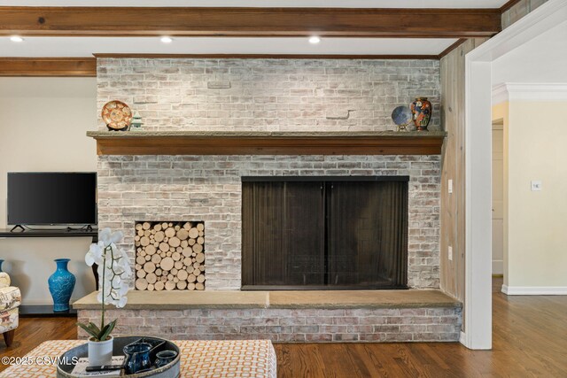 304 Hardscrabble Ln, Lewisburg, PA 17837 - detailed view of a fireplace, beam ceiling, wood finished floors, ornamental molding, and baseboards