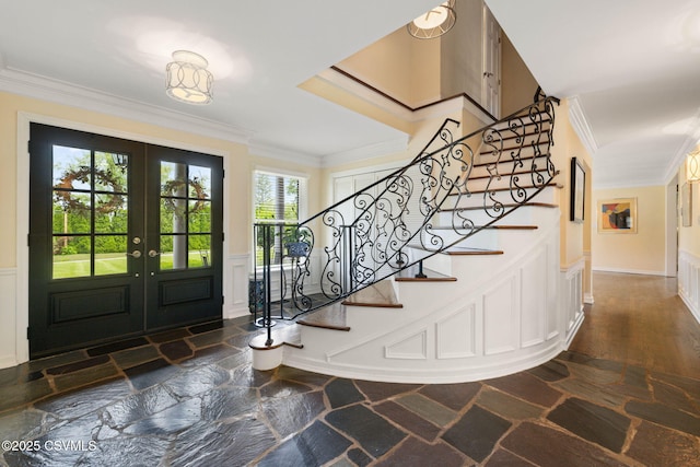 304 Hardscrabble Ln, Lewisburg, PA 17837 - entryway with a decorative wall, stone flooring, wainscoting, french doors, and stairway