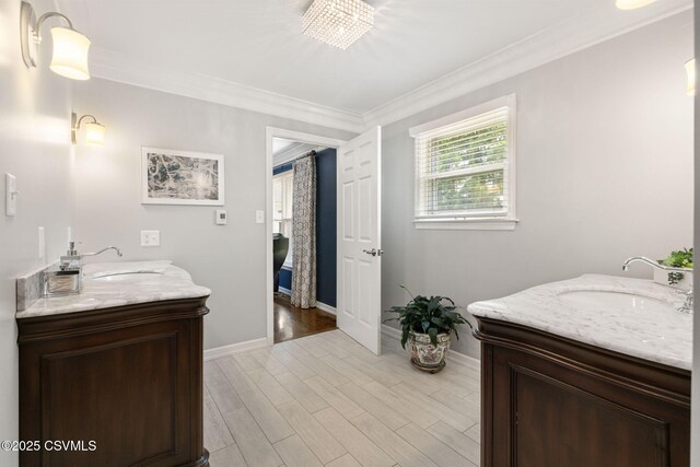 304 Hardscrabble Ln, Lewisburg, PA 17837 - full bathroom featuring two vanities, baseboards, crown molding, and wood finished floors