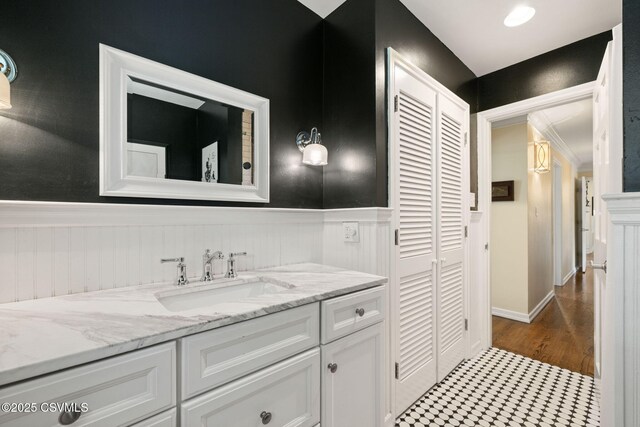304 Hardscrabble Ln, Lewisburg, PA 17837 - bathroom featuring wainscoting, vanity, and wood finished floors