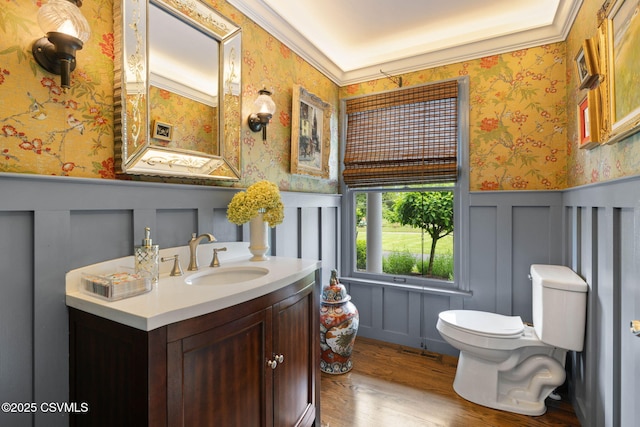 304 Hardscrabble Ln, Lewisburg, PA 17837 - bathroom featuring a decorative wall, wainscoting, wood finished floors, toilet, and vanity