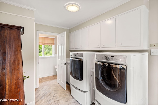 304 Hardscrabble Ln, Lewisburg, PA 17837 - laundry area featuring independent washer and dryer, cabinet space, and ornamental molding
