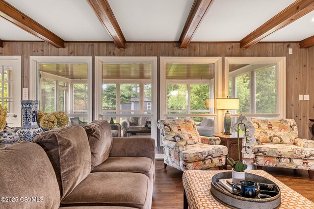 304 Hardscrabble Ln, Lewisburg, PA 17837 - living area with beamed ceiling, wood walls, healthy amount of natural light, and dark wood-style flooring