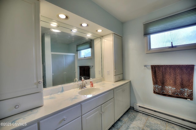 110 W 7 Th St, Mifflinville, PA 18631 - full bathroom featuring baseboard heating, vanity, recessed lighting, and a shower