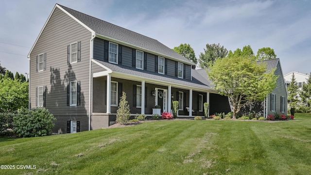 view of front of property featuring covered porch and a front lawn