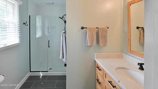 full bath with plenty of natural light, tile patterned flooring, and a shower stall