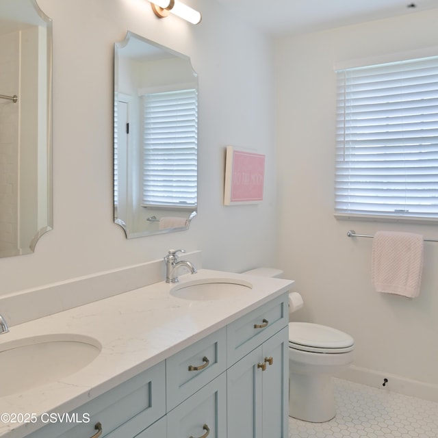 full bath featuring tile patterned floors, toilet, plenty of natural light, and double vanity