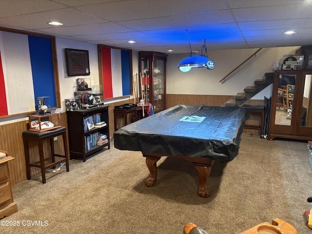 34 Fowlersville Rd, Bloomsburg, PA 17815 - recreation room featuring carpet floors, wainscoting, a drop ceiling, billiards, and wooden walls