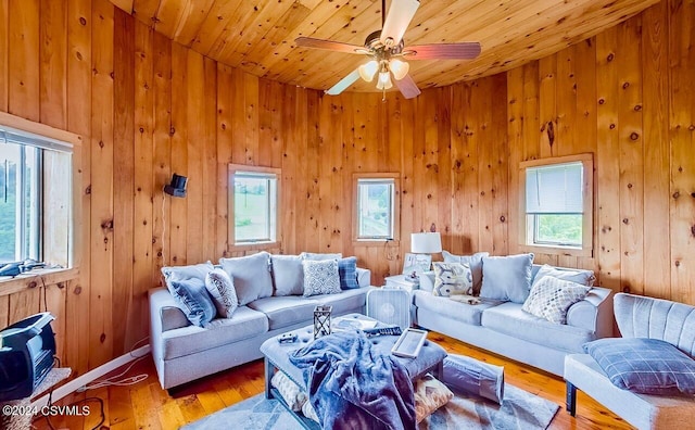 207 Klinger Hill Rd, Benton, PA 17814 - living area featuring ceiling fan, wood finished floors, wooden ceiling, and wood walls