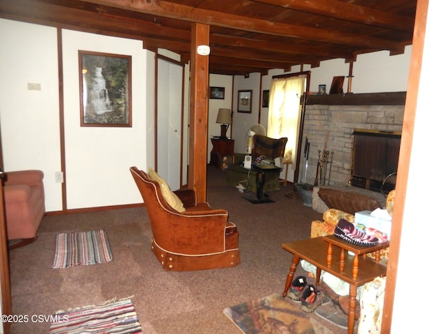 158 Apple Aly, Benton, PA 17814 - living room featuring beam ceiling, carpet, a fireplace, and baseboards