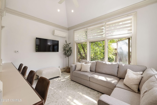 living room with high vaulted ceiling, a wall mounted AC, baseboard heating, and a ceiling fan