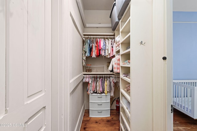 walk in closet with wood finished floors