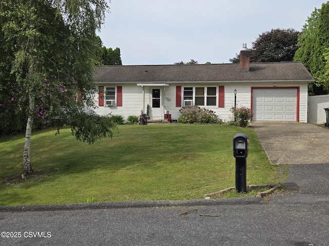 716 Rolling Green Dr, Selinsgrove, PA 17870 - ranch-style home with an attached garage, a chimney, driveway, a front lawn, and cooling unit