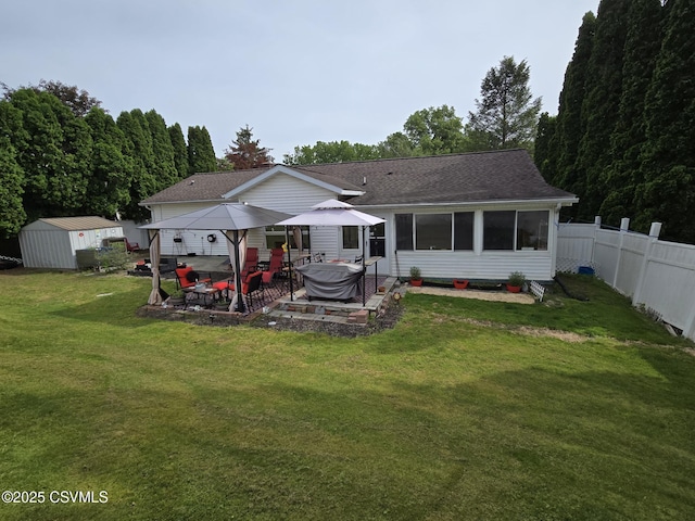 716 Rolling Green Dr, Selinsgrove, PA 17870 - rear view of property featuring a gazebo, a patio area, a shingled roof, and a sunroom