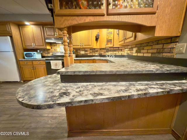 303 Melrose St, Marion Heights, PA 17832 - kitchen featuring freestanding refrigerator, range with electric cooktop, under cabinet range hood, decorative backsplash, and dark wood-style floors