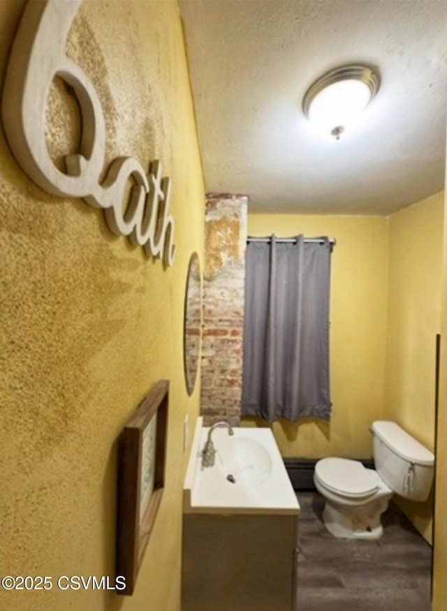 303 Melrose St, Marion Heights, PA 17832 - half bathroom featuring toilet, vanity, wood finished floors, and a baseboard heating unit