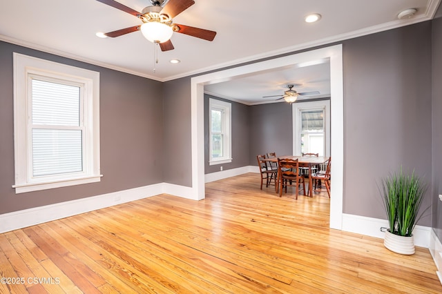 206 Orange St, Selinsgrove, PA 17870 - dining area with baseboards, ceiling fan, light wood finished floors, ornamental molding, and recessed lighting