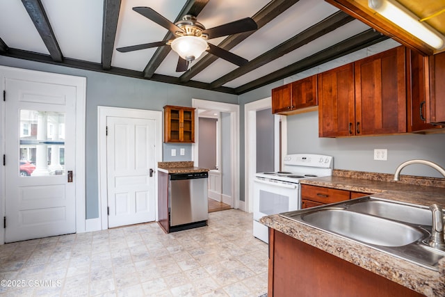 206 Orange St, Selinsgrove, PA 17870 - kitchen featuring white electric range oven, a sink, stainless steel dishwasher, a ceiling fan, and beamed ceiling