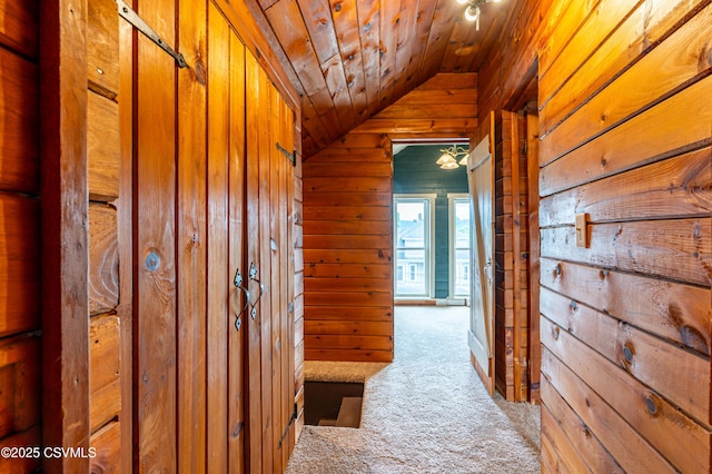 206 Orange St, Selinsgrove, PA 17870 - hall featuring carpet flooring, vaulted ceiling, wooden walls, and wood ceiling