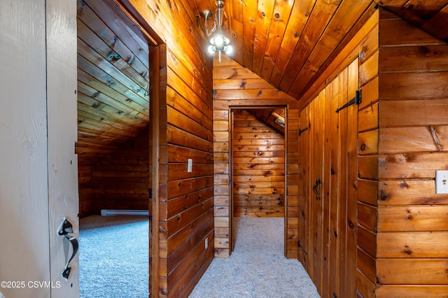 206 Orange St, Selinsgrove, PA 17870 - hallway with vaulted ceiling, wood walls, carpet floors, and wood ceiling
