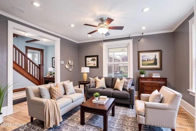 206 Orange St, Selinsgrove, PA 17870 - living room with light wood-style flooring, a ceiling fan, baseboards, recessed lighting, and ornamental molding