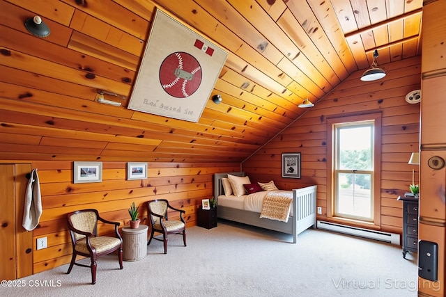 206 Orange St, Selinsgrove, PA 17870 - carpeted bedroom featuring baseboard heating, vaulted ceiling, wood walls, and wooden ceiling
