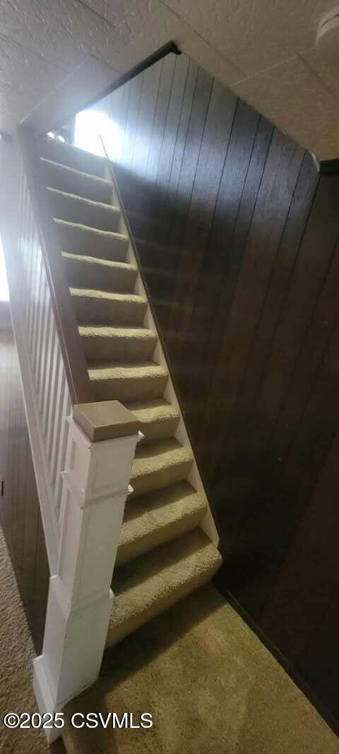 stairs with carpet flooring and wood walls
