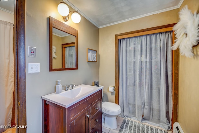 1030 Ruthann Dr, Berwick, PA 18603 - full bath with tile patterned floors, ornamental molding, vanity, toilet, and baseboard heating