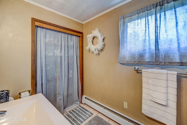 1030 Ruthann Dr, Berwick, PA 18603 - bathroom featuring a baseboard heating unit, crown molding, tile patterned floors, and baseboards