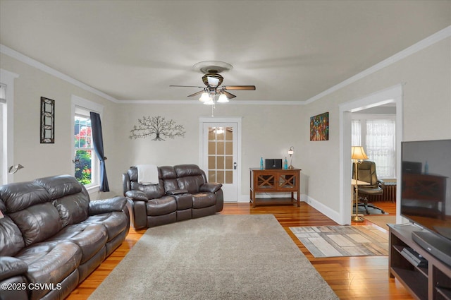 288 Broadway St, Turbotville, PA 17772 - living room with light wood-style flooring, crown molding, and a ceiling fan