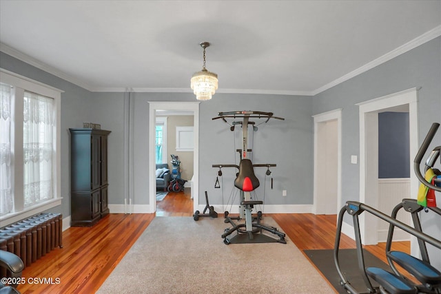 288 Broadway St, Turbotville, PA 17772 - exercise area with radiator heating unit, wood finished floors, plenty of natural light, crown molding, and baseboards