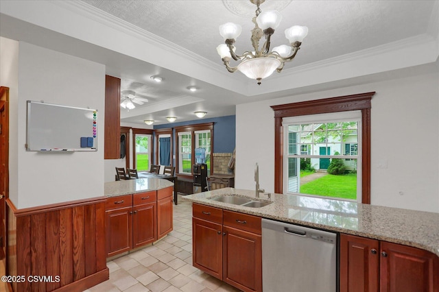 288 Broadway St, Turbotville, PA 17772 - kitchen featuring stainless steel dishwasher, a sink, a raised ceiling, a chandelier, and light stone countertops