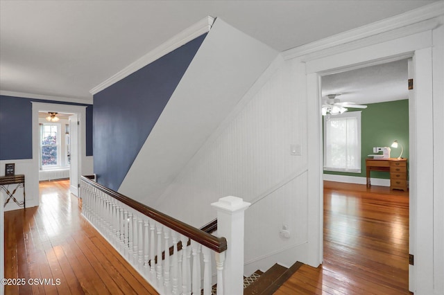 288 Broadway St, Turbotville, PA 17772 - hallway with an upstairs landing, hardwood / wood-style flooring, radiator, and crown molding