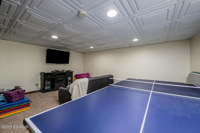 937 E 10th St, Berwick, PA 18603 - game room featuring recessed lighting, carpet floors, baseboards, an ornate ceiling, and a fireplace