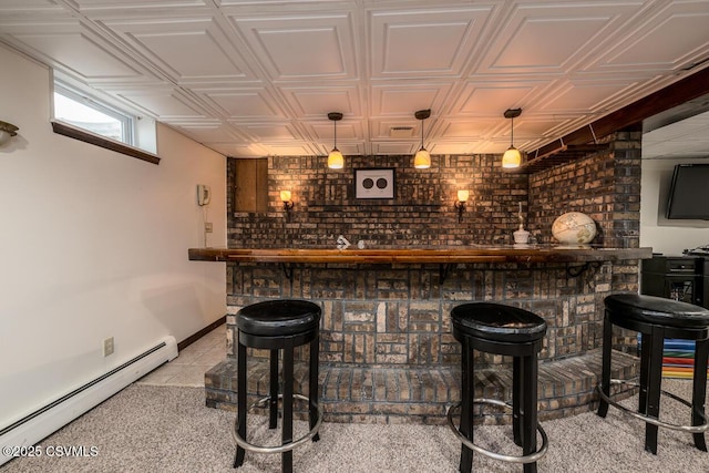 937 E 10th St, Berwick, PA 18603 - indoor bar featuring baseboard heating, an ornate ceiling, light colored carpet, decorative light fixtures, and baseboards