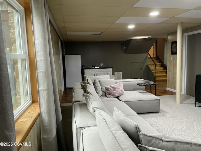 3014 Smoketown Rd, Lewisburg, PA 17837 - carpeted living room featuring stairs, a sink, and a paneled ceiling