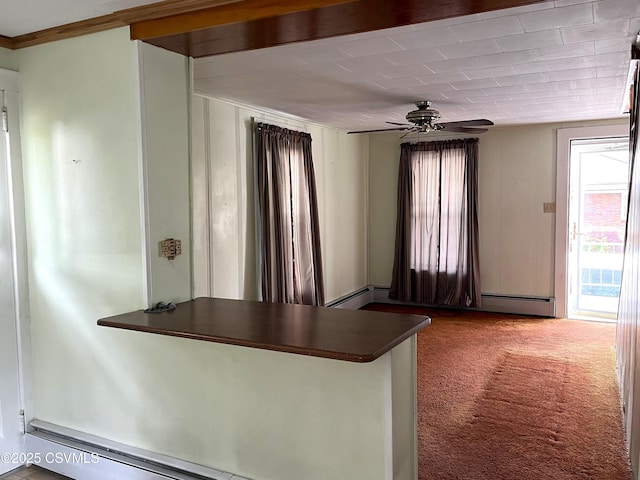433 E 6th St, Berwick, PA 18603 - kitchen with carpet floors, dark countertops, a ceiling fan, ornamental molding, and a peninsula