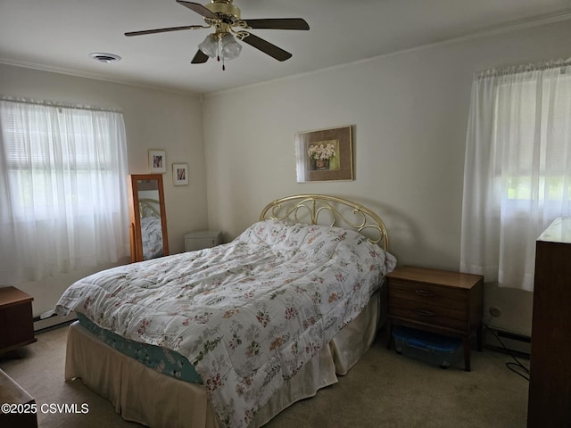 1605 W Montgomery St, Coal Township, PA 17866 - carpeted bedroom with baseboard heating, crown molding, a baseboard heating unit, and ceiling fan