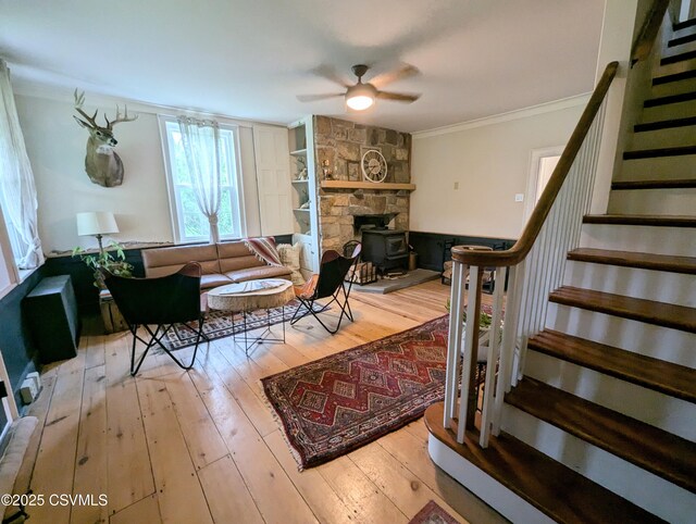 2852 State Route 487, Orangeville, PA 17859 - living room with ceiling fan, stairs, wood-type flooring, and ornamental molding