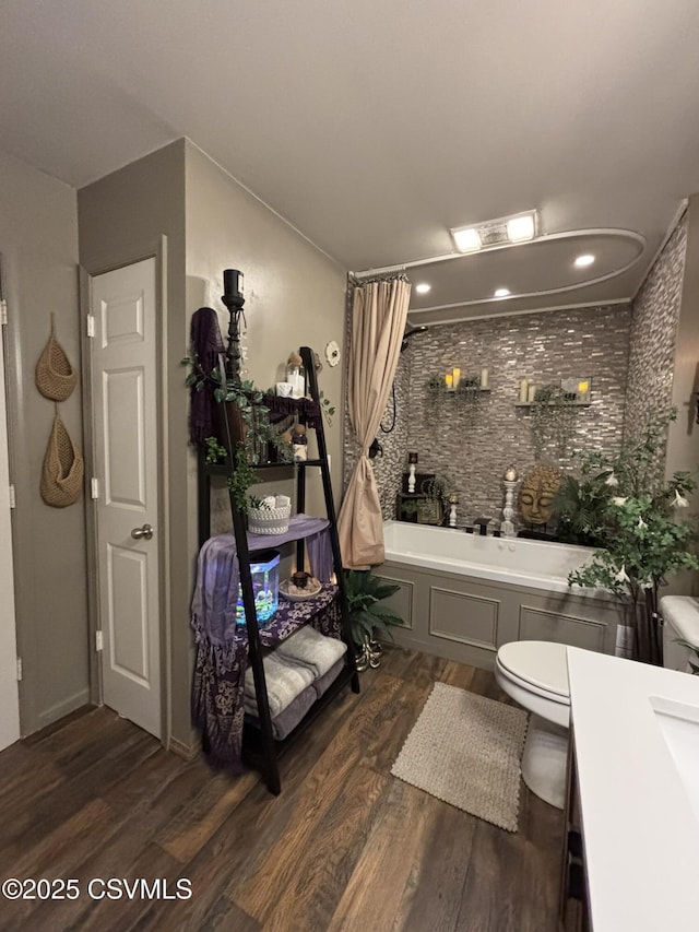 220 Spring Lake Crst, Watsontown, PA 17777 - full bathroom with toilet, wood finished floors, vanity, shower / bath combination with curtain, and recessed lighting