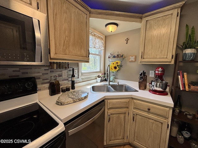 220 Spring Lake Crst, Watsontown, PA 17777 - kitchen featuring appliances with stainless steel finishes, a sink, light countertops, and tasteful backsplash