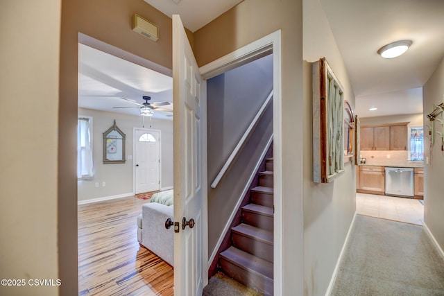 475 W 1st St, Bloomsburg, PA 17815 - stairway featuring baseboards, ceiling fan, recessed lighting, and wood finished floors