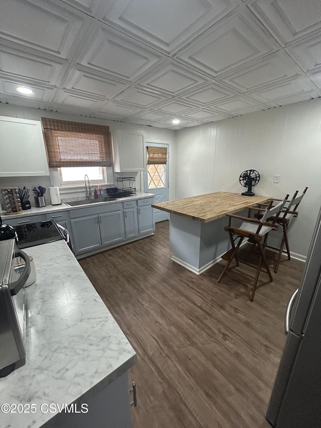 1644 W Walnut St, Coal Township, PA 17866 - kitchen featuring a sink, an ornate ceiling, wooden counters, dark wood-style flooring, and electric range oven