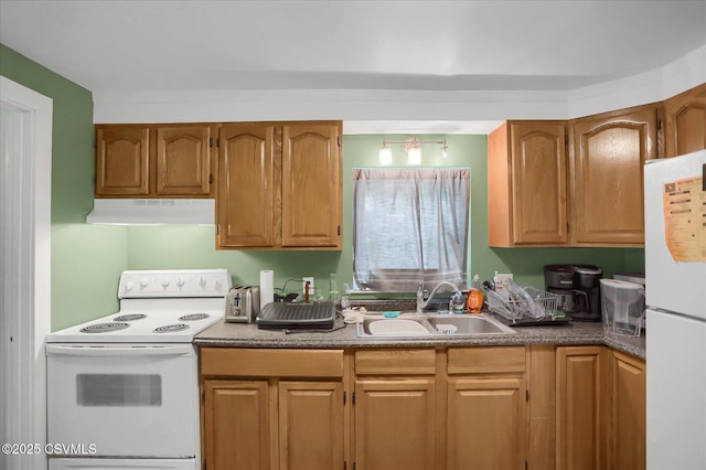 27-29 S Water St, Selinsgrove, PA 17870 - kitchen with white appliances, a sink, under cabinet range hood, and brown cabinets