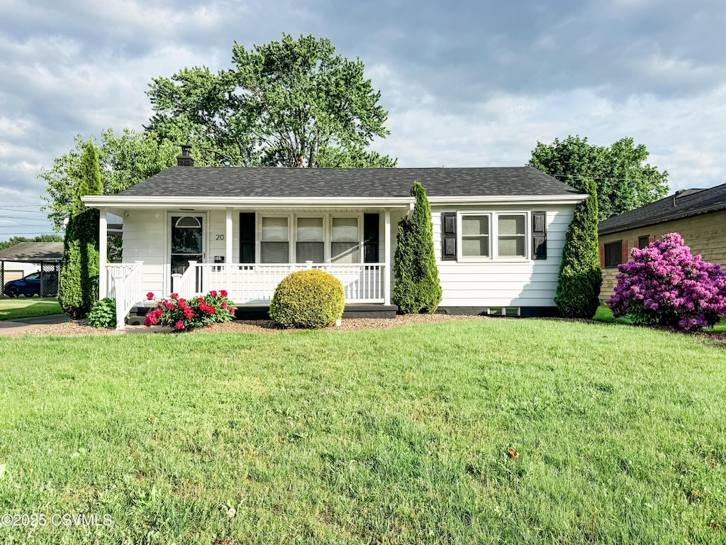 20 E Tenth St, Bloomsburg, PA 17815 - ranch-style house featuring a porch, a front yard, a shingled roof, and a chimney