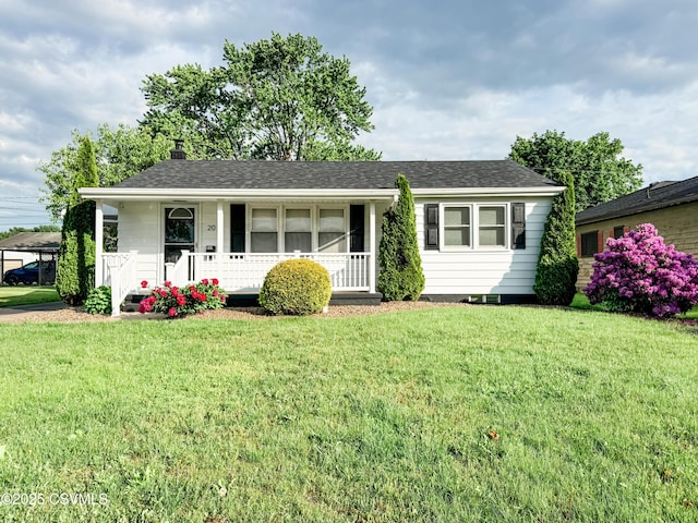 20 E Tenth St, Bloomsburg, PA 17815 - ranch-style house featuring a porch, a front yard, a shingled roof, and a chimney